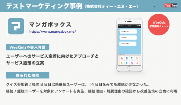 ユーザーを獲得・定着させる『WeeQuiz』がディー・エヌ・エー「マンガボックス」上で効果を発揮　アプリごとにクイズを作成して利用者の心をつかむ