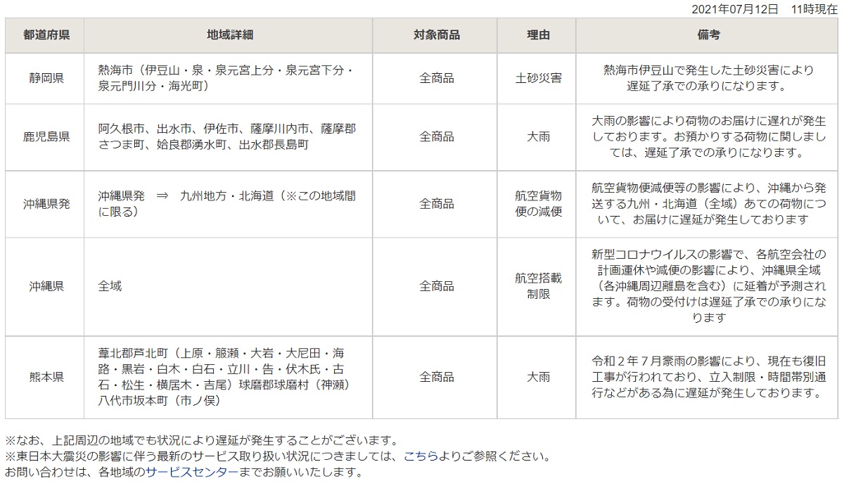 ヤマト運輸 佐川急便 日本郵便 大雨による配送への影響について 7月11日 12日現在 Ecのミカタ
