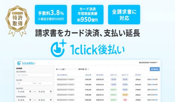 ROBOT PAYMENT「1click後払い」が特許を取得　カード支払いによって資金繰りを支援