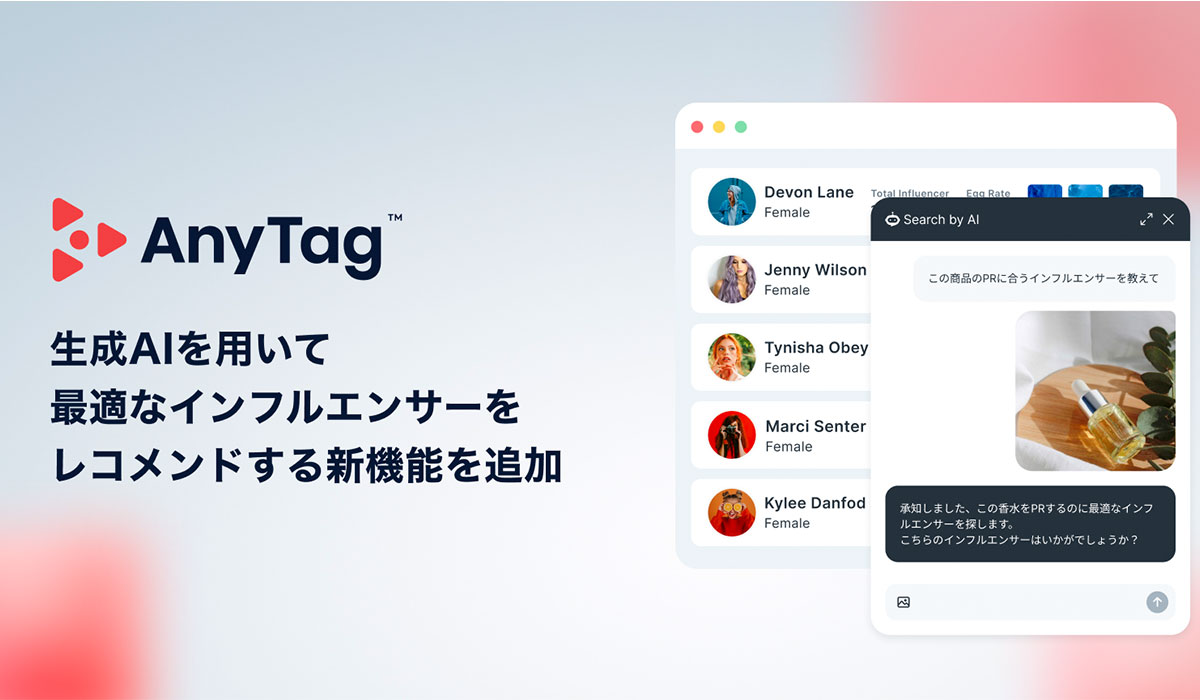 インフルエンサーマーケティングプラットフォーム「AnyTag」、生成AIで投稿画像やキャンペーン情報から最適なインフルエンサーをレコメンドする新機能を提供開始