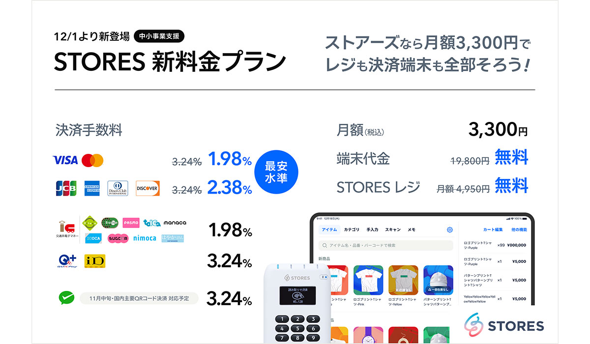 STORES 決済、クレジットカード決済手数料を業界最安水準1.98%に引き下げ、中小事業者向け「中小支援プラン」を新たに提供