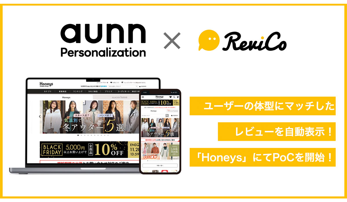 「ReviCo」がメイキップ社の「aunn Personalization」とサービス連携 〜「Honeys」にてPoCを開始〜