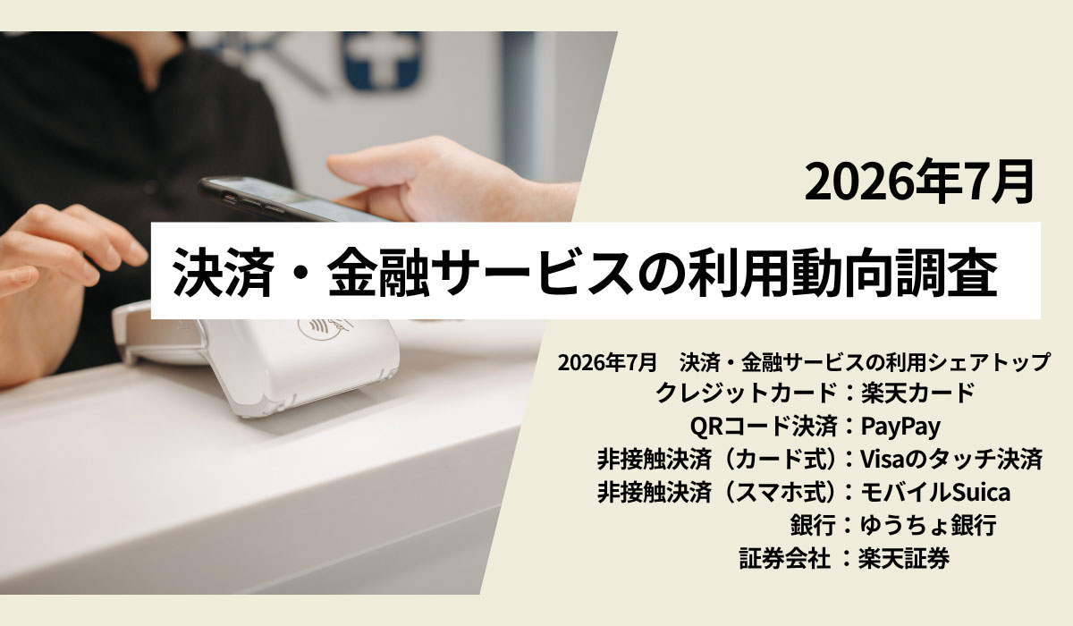2026年7月決済・金融サービスの利用シェアトップ クレジットカードは「楽天カード」、QRコード決済は「PayPay」、非接触決済（カード式）は「Visaのタッチ決済」、非接触決済（スマホ式）は「モバイルSuica」、銀行は「ゆうちょ銀行」、証券会社は「楽天証券」