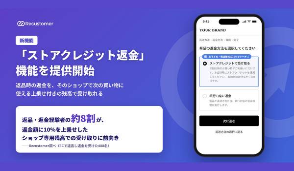 Recustomer、返品に伴う売上減少を抑え、次の購入につなげる「ストアクレジット返金」機能を提供開始