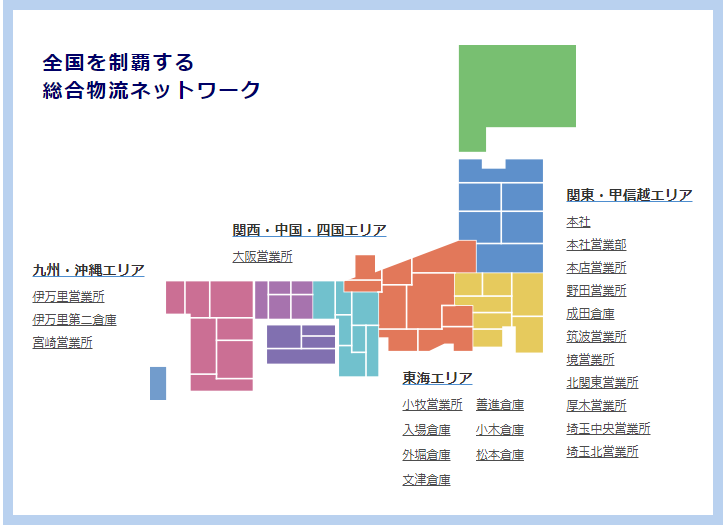 全国１４箇所の拠点を活用し、幅広い商材の保管・配送業務を展開