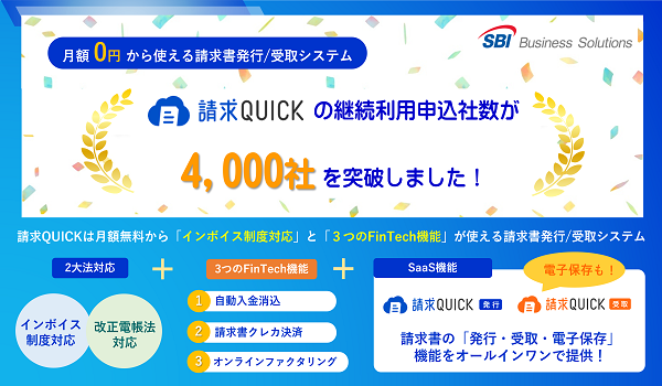 「請求QUICK」の申込社数が4,000社を突破～請求書の「発行・受取・電子保存」機能で、中小企業の経理財務DXと法対応を強力に支援～