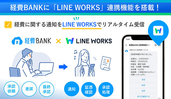 業界初！クラウド型経費精算システム「経費BANK」が 「LINE WORKS」との連携機能オプションを本日より提供開始！ ～「LINE WORKS」上での通知確認・承認処理が可能に！見落としを防いでさらに便利に～