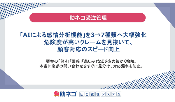 助ネコ®受注管理、「AIによる感情分析機能」を3→7種類へ大幅強化｜危険度が高いクレームを見抜いて、顧客対応のスピード向上